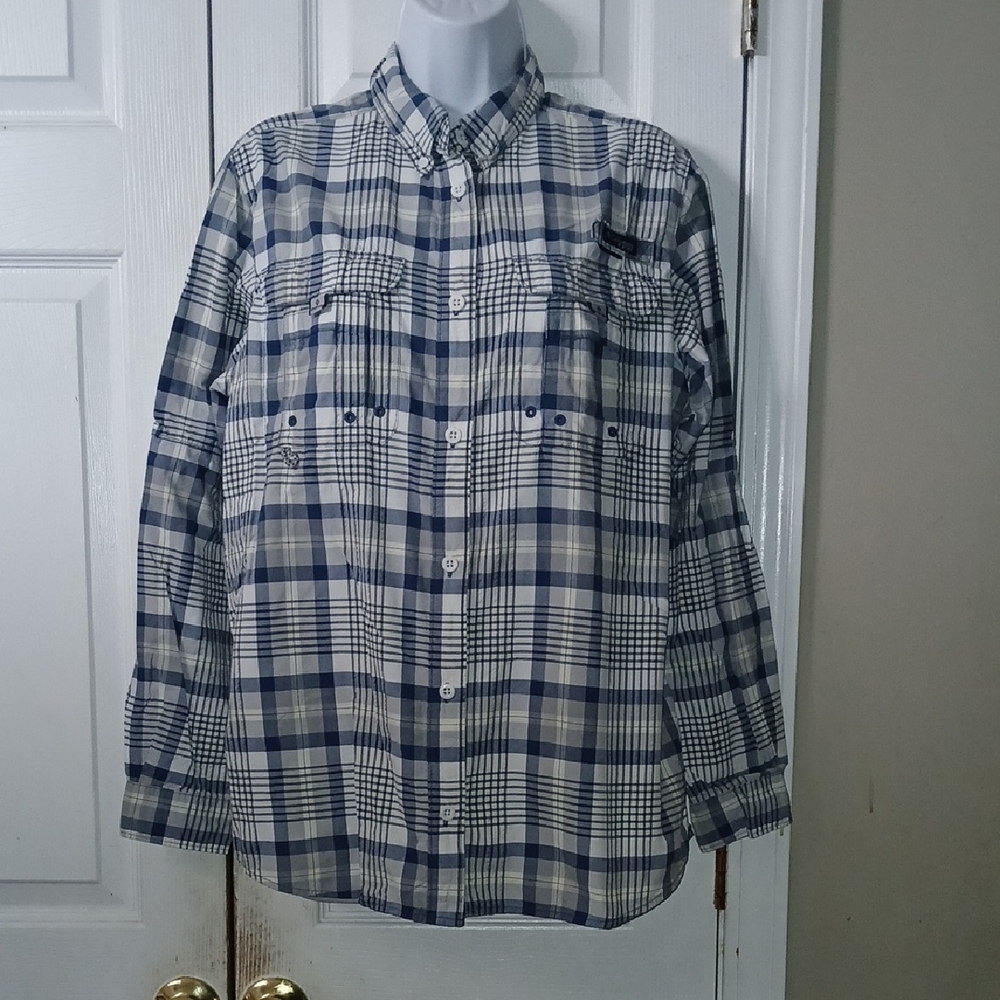 Columbia Super Bahama blue white yellow long sleeve plaid shirt Sz L NWOT